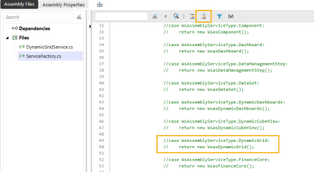 The Dynamic Grid lines 49 and 50 are highlighted. The Uncomment the selected lines button has two yellow horizontal lines, two black horizontal lines, and a blue arrow pointing counterclockwise in a circle.